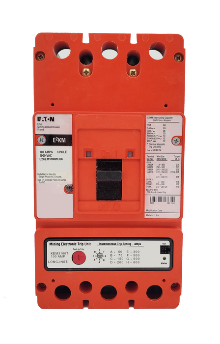 E2KEM3100WU66 E2KM Frame Style, Molded Case Mining Circuit Breaker, Interchangeable Electronic Trip Unit, Long/Instantaneous, 100 Ampere at 40 Degree Celsius, 3 Pole, 1000VAC @ 50/60HZ, Without Terminals Standard. 1 Year Warranty.