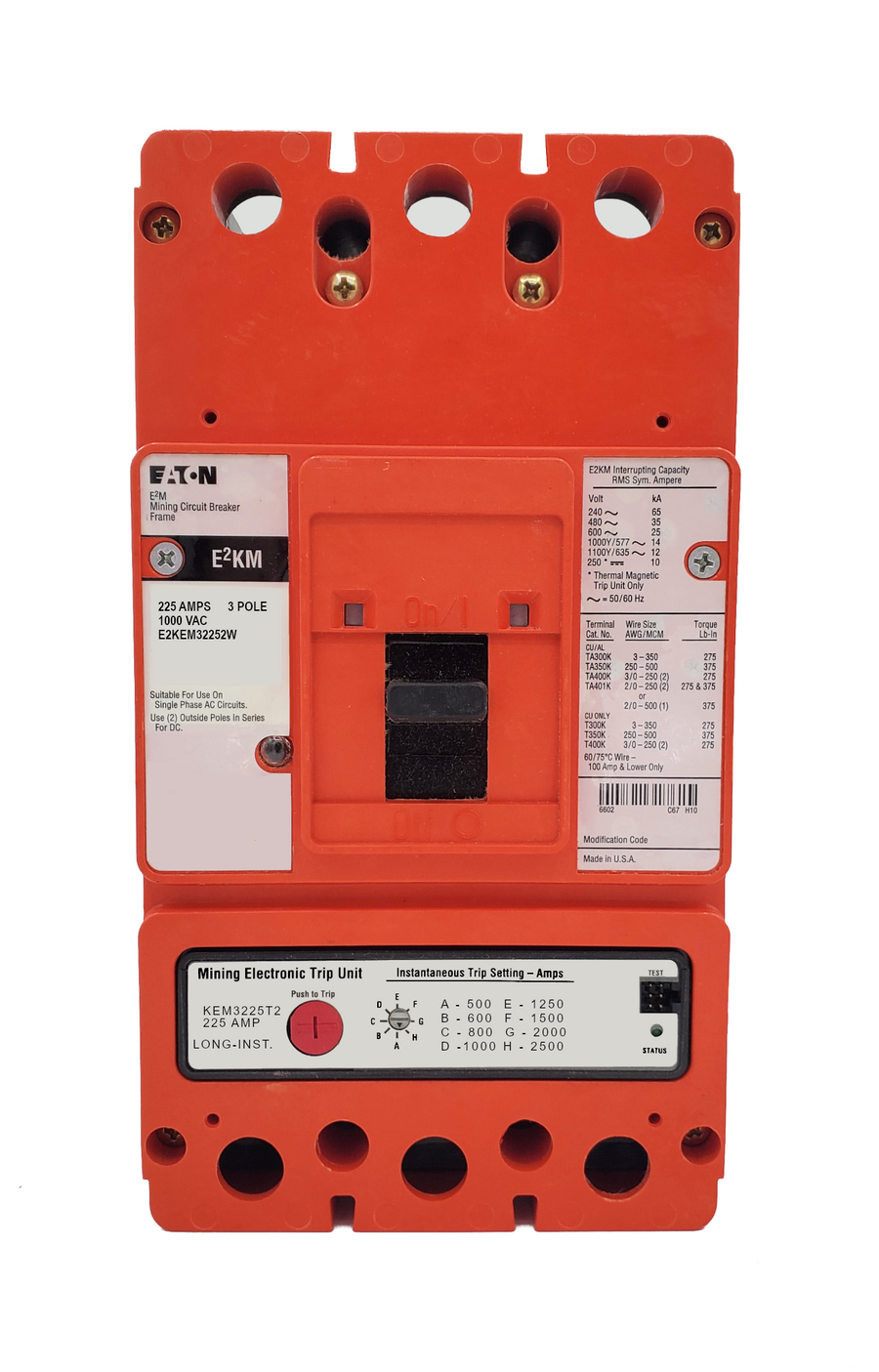 E2KEM32252W E2KM Frame Style, Molded Case Mining Circuit Breaker, Interchangeable Electronic Trip Unit, Long/Instantaneous, 225 Ampere at 40 Degree Celsius, 3 Pole, 1000VAC @ 50/60HZ, Without Terminals Standard. 1 Year Warranty.