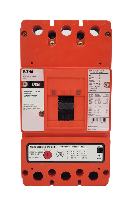 E2KEM3400M2W E2KM Frame Style, Molded Case Mining Circuit Breaker, Interchangeable Electronic Trip Unit, Instantaneous Only, 400 Ampere at 40 Degree Celsius, 3 Pole, 1000VAC @ 50/60HZ, Without Terminals Standard. 1 Year Warranty.