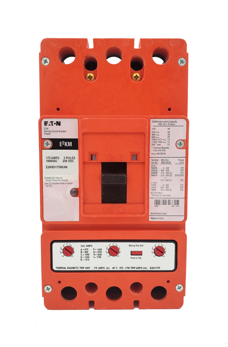 E2KM3175WU66 E2KM Frame Style, Molded Case Mining Circuit Breaker, Interchangeable Thermal-Magnetic Trip Unit, 175 Ampere at 40 Degree Celsius, 3 Pole, 1000VAC @ 50/60HZ, Without Terminals Standard. 1 Year Warranty.