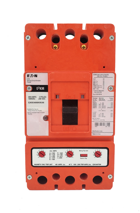 E2KM3400MKWU66 E2KM Frame Style, Molded Case Mining Circuit Breaker, Interchangeable Magnetic Only Trip Unit, 400 Ampere at 40 Degree Celsius, 3 Pole, 1000VAC @ 50/60HZ, Without Terminals Standard, U66 Option Includes: [110-127VAC UVR Installed, Left Pole Mounted, Exiting Rear], 1 Year Warranty.