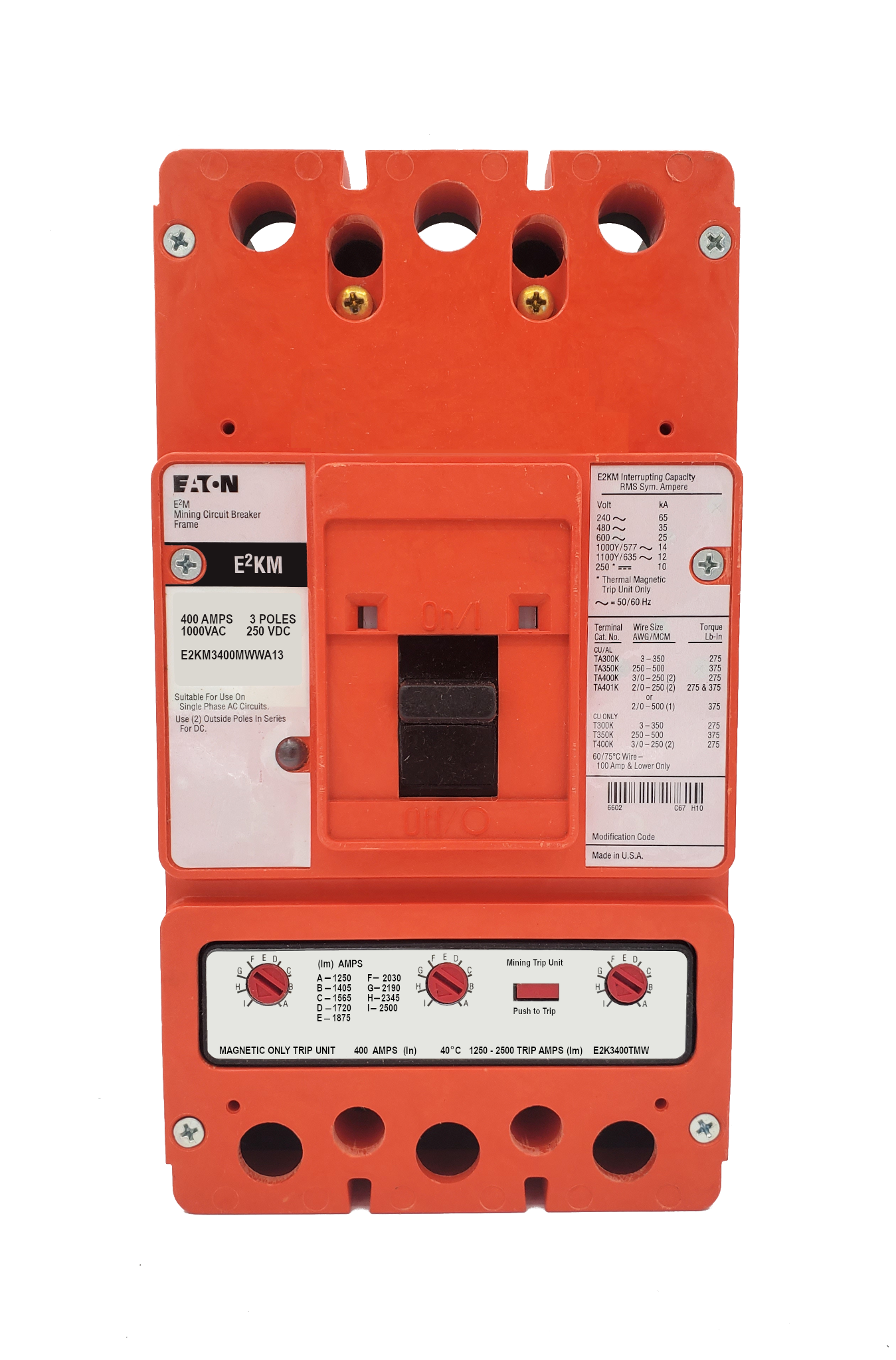 E2KM3400MWWA13 E2KM Frame Style, Molded Case Mining Circuit Breaker, Interchangeable Magnetic Only Trip Unit, 400 Ampere at 40 Degree Celsius, 3 Pole, 1000VAC @ 50/60HZ, Without Terminals Standard. 1 Year Warranty.