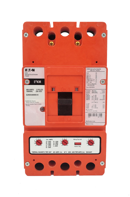 E2KM3400WS10 E2KM Frame Style, Molded Case Mining Circuit Breaker, Interchangeable Thermal-Magnetic Trip Unit, 400 Ampere at 40 Degree Celsius, 3 Pole, 1000VAC @ 50/60HZ, Without Terminals Standard. 1 Year Warranty.