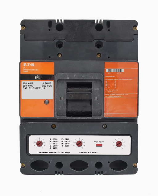 E2L3300WU18 E2L Frame Style, Molded Case Mining Circuit Breaker, Interchangeable Thermal-Magnetic Trip Unit, 300 Ampere at 40 Degree Celsius, 3 Pole, 600VAC @ 50/60HZ, Without Terminals Standard. 1 Year Warranty.