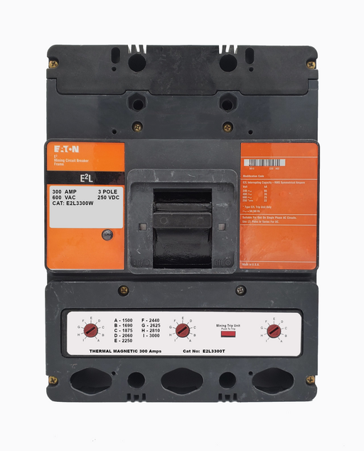 E2L3300W E2L Frame Style, Molded Case Mining Circuit Breaker, Interchangeable Thermal-Magnetic Trip Unit, 300 Ampere at 40 Degree Celsius, 3 Pole, 600VAC @ 50/60HZ, Without Terminals Standard. 1 Year Warranty.