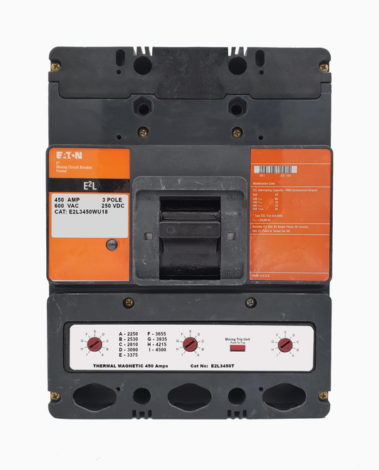 E2L3450WU18 E2L Frame Style, Molded Case Mining Circuit Breaker, Interchangeable Thermal-Magnetic Trip Unit, 450 Ampere at 40 Degree Celsius, 3 Pole, 600VAC @ 50/60HZ, Without Terminals Standard. 1 Year Warranty. Hard to find customization options.