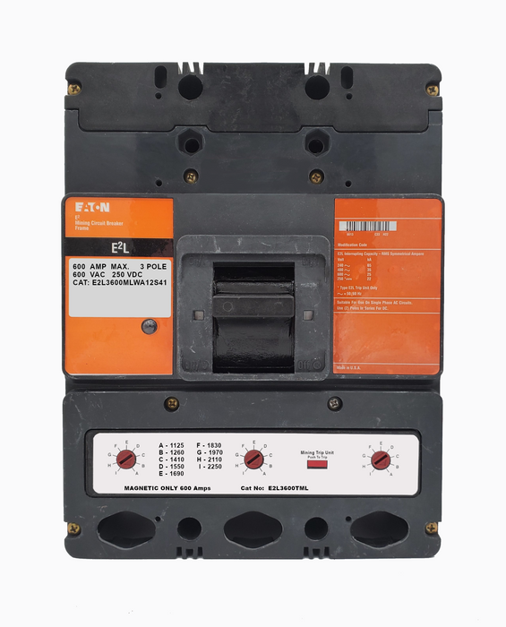 E2L3600MLWA12S41 E2L Frame Style, Molded Case Mining Circuit Breaker, Interchangeable Magnetic Only Trip Unit, 600 Ampere at 40 Degree Celsius, 3 Pole, 600VAC @ 50/60HZ, Without Terminals Standard. 1 Year Warranty.