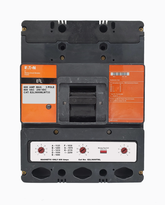 E2L3600MLWT33 E2L Frame Style, Molded Case Mining Circuit Breaker, Interchangeable Magnetic Only Trip Unit, 600 Ampere at 40 Degree Celsius, 3 Pole, 600VAC @ 50/60HZ, Without Terminals Standard, T33 Option Includes: [110-127 VDC UVR Installed, No LED, Right Pole Mounted, Exiting Right]. 1 Year Warranty.