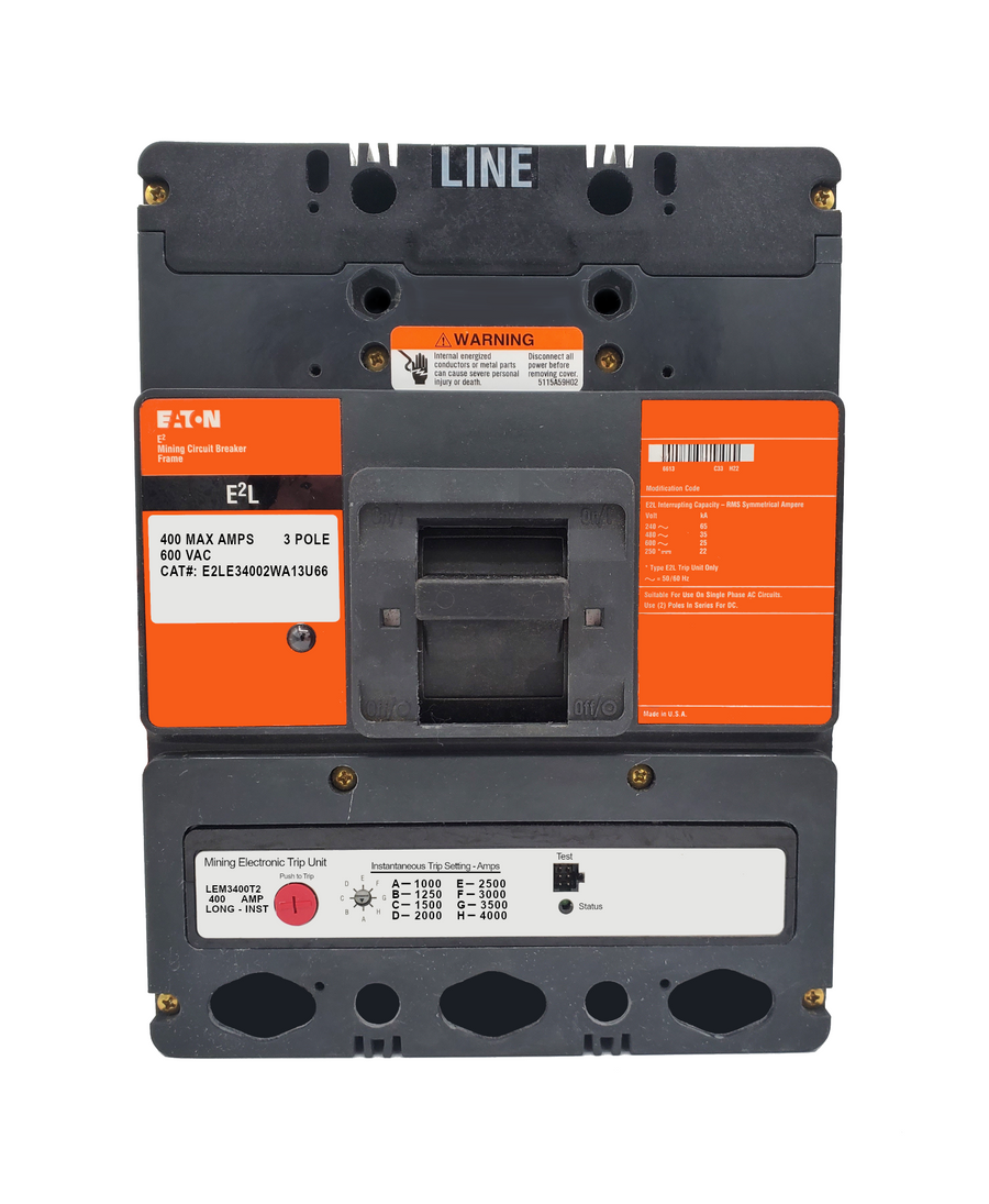 E2LE34002WA13U66 E2L Frame Style, Molded Case Mining Circuit Breaker, Interchangeable Electronic Trip Unit, Long/Instantaneous, 400 Ampere at 40 Degree Celsius, 3 Pole, 600VAC @ 50/60HZ, Without Terminals Standard. 1 Year Warranty.