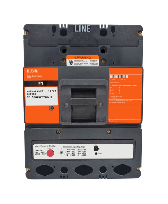 E2LE34002WU18 E2L Frame Style, Molded Case Mining Circuit Breaker, Interchangeable Electronic Trip Unit, Long/Instantaneous, 400 Ampere at 40 Degree Celsius, 3 Pole, 600VAC @ 50/60HZ, U18 Option Includes: [110-127VAC UVR Installed, Left Pole Mounted, Exiting Rear], 1 Year Warranty.