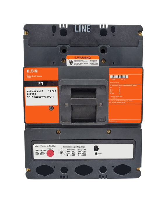 E2LE3400M2WU18 E2L Frame Style, Molded Case Mining Circuit Breaker, Interchangeable Electronic Trip Unit, Instantaneous Only, 400 Ampere at 40 Degree Celsius, 3 Pole, 600VAC @ 50/60HZ, Without Terminals Standard. U18 Option Includes: [110-127VAC UVR Installed, Left Pole Mounted, Exiting Rear], 1 Year Warranty.