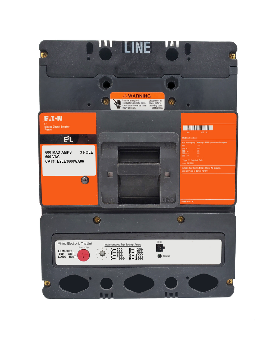 E2LE3600WA06 E2L Frame Style, Molded Case Mining Circuit Breaker, Interchangeable Electronic Trip Unit, Long/Instantaneous, 600 Ampere at 40 Degree Celsius, 3 Pole, 600VAC @ 50/60HZ, Without Terminals Standard. 1 Year Warranty.