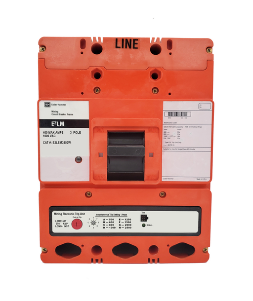 E2LEM3350W E2L Frame Style, Molded Case Mining Circuit Breaker, Interchangeable Electronic Only Trip Unit, Long/Instantaneous, 350 Ampere at 40 Degree Celsius, 3 Pole, 1000VAC @ 50/60HZ, Without Terminals Standard. 1 Year Warranty.