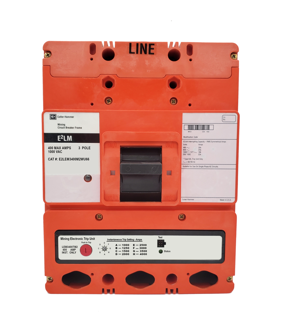 E2LEM3400M2WU66 E2L Frame Style, Molded Case Mining Circuit Breaker, Interchangeable Electronic Only Trip Unit, Instantaneous Only, 400 Ampere at 40 Degree Celsius, 3 Pole, 1000VAC @ 50/60HZ, Without Terminals Standard, U66 Option Includes: [110-127VAC UVR Installed, Left Pole Mounted, Exiting Rear], 1 Year Warranty.