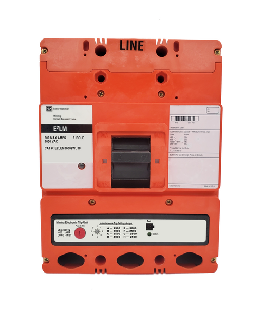 E2LEM36002WU18 E2L Frame Style, Molded Case Mining Circuit Breaker, Interchangeable Electronic Only Trip Unit, Long/Instantaneous, 600 Ampere at 40 Degree Celsius, 3 Pole, 1000VAC @ 50/60HZ, Without Terminals Standard, U18 Option Includes: [110-127VAC UVR Installed, Left Pole Mounted, Exiting Rear], 1 Year Warranty.