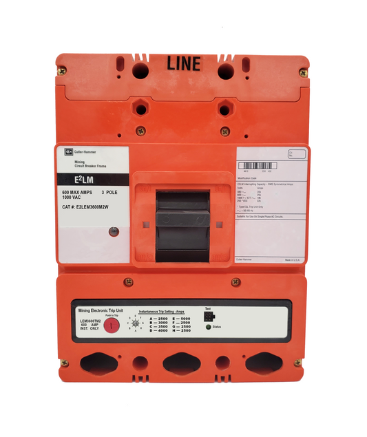 E2LEM3600M2W E2L Frame Style, Molded Case Mining Circuit Breaker, Interchangeable Electronic Only Trip Unit, Instantaneous Only, 600 Ampere at 40 Degree Celsius, 3 Pole, 1000VAC @ 50/60HZ, Without Terminals Standard. 1 Year Warranty.