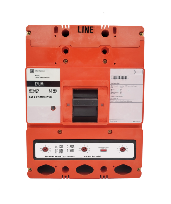 E2LM3350WU66 E2L Frame Style, Molded Case Mining Circuit Breaker, Interchangeable Thermal-Magnetic Trip Unit, 350 Ampere at 40 Degree Celsius, 3 Pole, 1000VAC @ 50/60HZ, Without Terminals Standard. 1 Year Warranty.