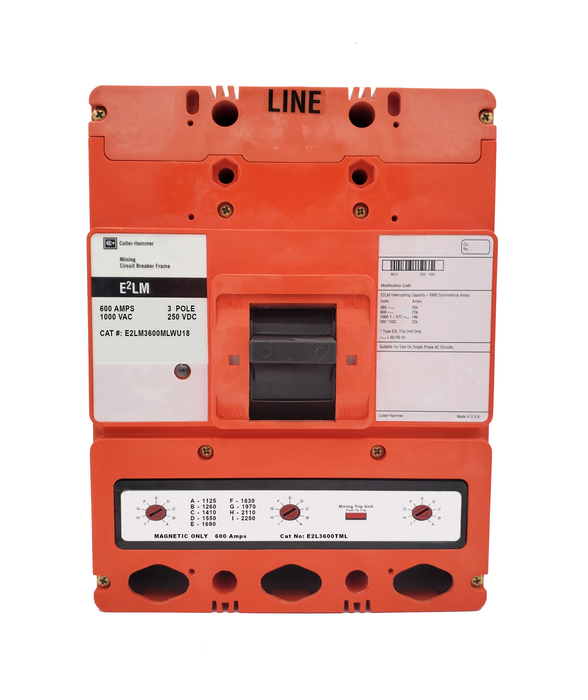 E2LM3600MLWU18 E2L Frame Style, Molded Case Mining Circuit Breaker, Interchangeable Magnetic Only Trip Unit, 600 Ampere at 40 Degree Celsius, 3 Pole, 1000VAC @ 50/60HZ, Without Terminals Standard. U18 Option Includes: [110-127VAC UVR Installed, Left Pole Mounted, Exiting Rear], 1 Year Warranty.
