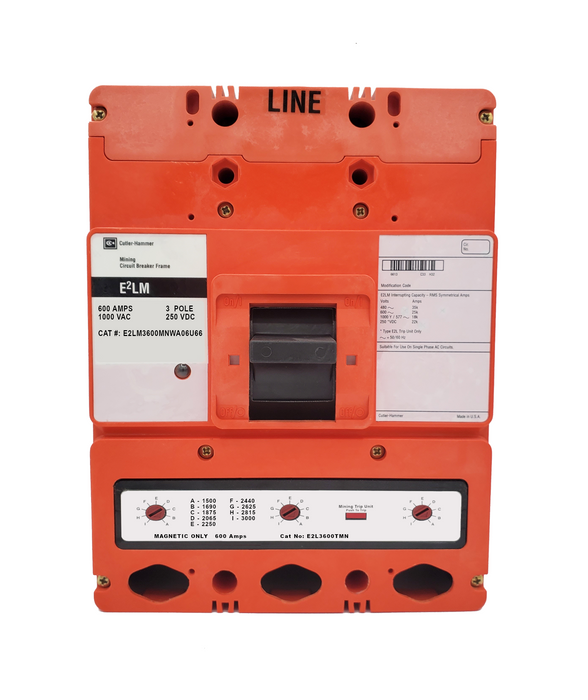 E2LM3600MNWA06U66 E2LM Frame Style, Molded Case Mining Circuit Breaker, Interchangeable Magnetic Only Trip Unit, 600 Ampere at 40 Degree Celsius, 3 Pole, 1000VAC @ 50/60HZ, Without Terminals Standard. 1 Year Warranty.