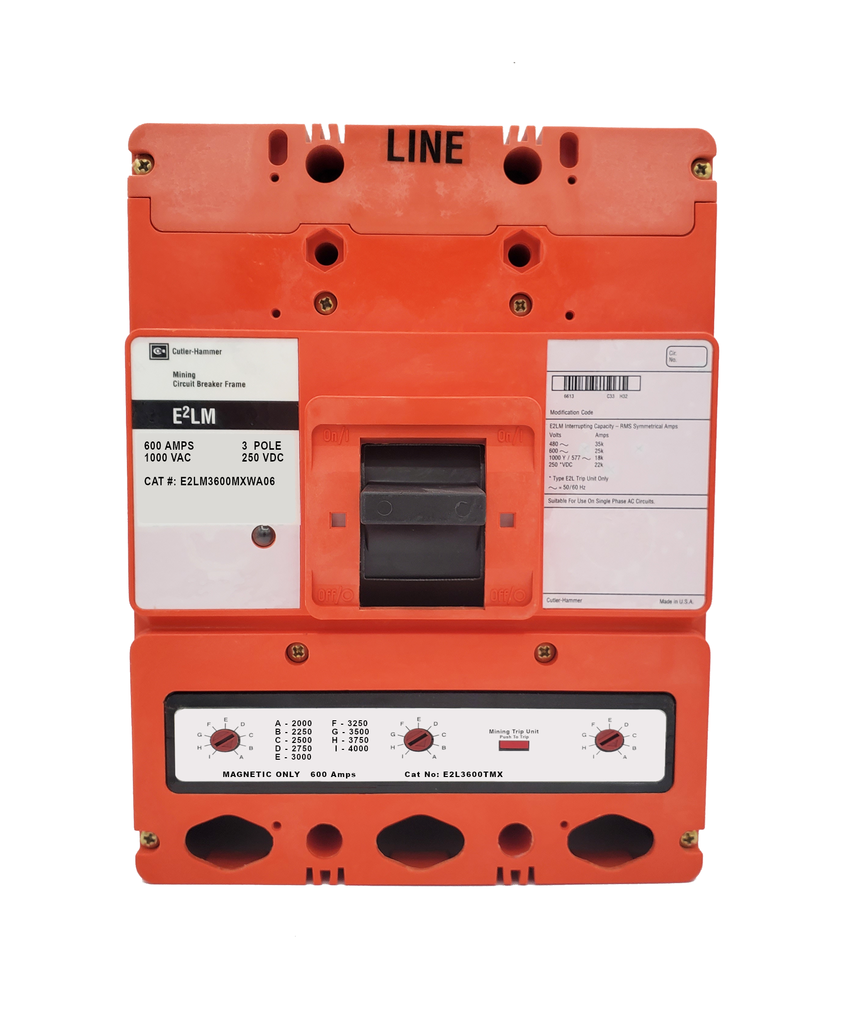 E2LM3600MXWA06 E2LM Frame Style, Molded Case Mining Circuit Breaker, Interchangeable Magnetic Only Trip Unit, 600 Ampere at 40 Degree Celsius, 3 Pole, 1000VAC @ 50/60HZ, Without Terminals Standard. 1 Year Warranty.