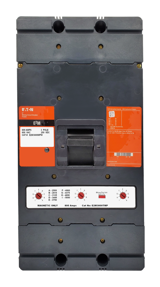 E2M3800MPW E2M Frame Style, Molded Case Mining Circuit Breaker, Interchangeable Magnetic Only Trip Unit, 800 Ampere at 40 Degree Celsius, 3 Pole, 600VAC @ 50/60HZ, Without Terminals Standard. 1 Year Warranty.