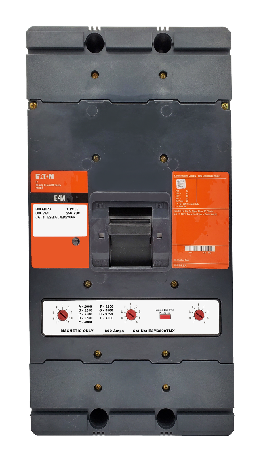 E2M3800MXWU66 E2M Frame Style, Molded Case Mining Circuit Breaker, Interchangeable Magnetic Only Trip Unit, 800 Ampere at 40 Degree Celsius, 3 Pole, 600VAC @ 50/60HZ, Without Terminals Standard. 1 Year Warranty.