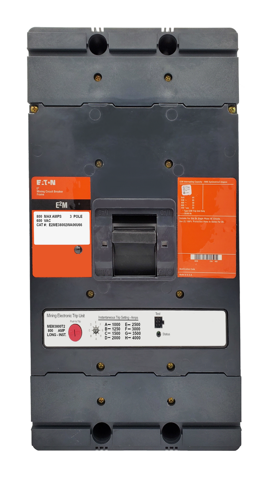 E2ME38002WA06U66 E2M Frame Style, Molded Case Mining Circuit Breaker, Electronic LSI Trip, 800 Ampere at 40 Degree Celsius, 3 Pole, 600 VAC, Interrupting Ratings: 65 Kiloampere @ 240VAC, 35 Kiloampere @ 480VAC, 25 Kiloampere @ 600VAC, 22 Kiloampere @ 250VDC, Without Terminals Standard. 1 Year Warranty.