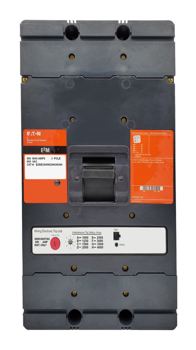 E2ME3800M2WA06U66 E2M Frame Style, Molded Case Mining Circuit Breaker, Electronic Instantaneous Only Trip Unit, 800 Ampere at 40 Degree Celsius, 3 Pole, 600 VAC, Interrupting Ratings: 65 Kiloampere @ 240VAC, 35 Kiloampere @ 480VAC, 25 Kiloampere @ 600VAC, 22 Kiloampere @ 250VDC, Without Terminals Standard.