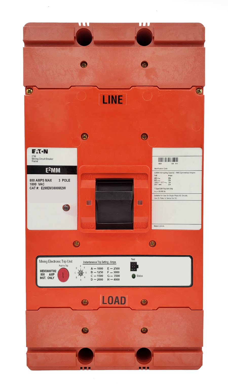 E2MEM3800M2W E2M Frame Style, Molded Case Mining Circuit Breaker, Electronic Instantaneous Only Trip, 800 Ampere at 40 Degree Celsius, 3 Pole, 1000 VAC, Interrupting Ratings: 35 Kiloampere @ 480VAC, 25 Kiloampere @ 600VAC, 18 Kiloampere @ 1000VAC, 22 Kiloampere @ 250VDC, Without Terminals Standard. 1 Year Warranty.
