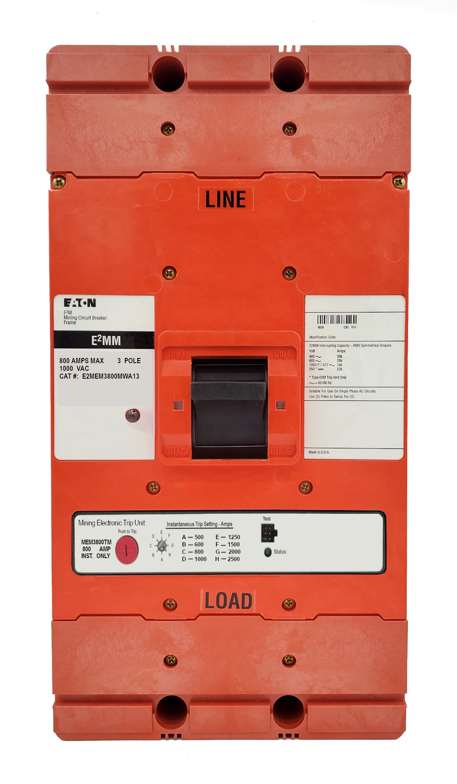 E2MEM3800MWA13 E2M Frame Style, Molded Case Mining Circuit Breaker, Electronic Instantaneous Only Trip, 800 Ampere at 40 Degree Celsius, 3 Pole, 1000 VAC, Interrupting Ratings: 35 Kiloampere @ 480VAC, 25 Kiloampere @ 600VAC, 18 Kiloampere @ 1000VAC, 22 Kiloampere @ 250VDC, Without Terminals Standard. 1 Year Warranty.