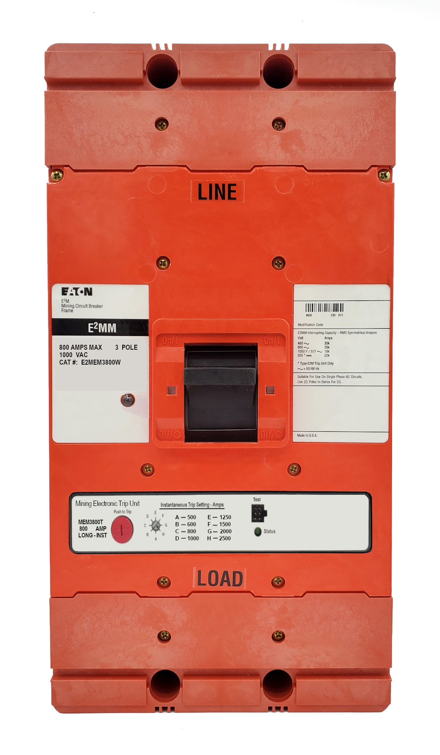 E2MEM3800W E2M Frame Style, Molded Case Mining Circuit Breaker, Electronic LSI Trip, 800 Ampere at 40 Degree Celsius, 3 Pole, 1000 VAC, Interrupting Ratings: 35 Kiloampere @ 480VAC, 25 Kiloampere @ 600VAC, 18 Kiloampere @ 1000VAC, 22 Kiloampere @ 250VDC, Without Terminals Standard. 1 Year Warranty.