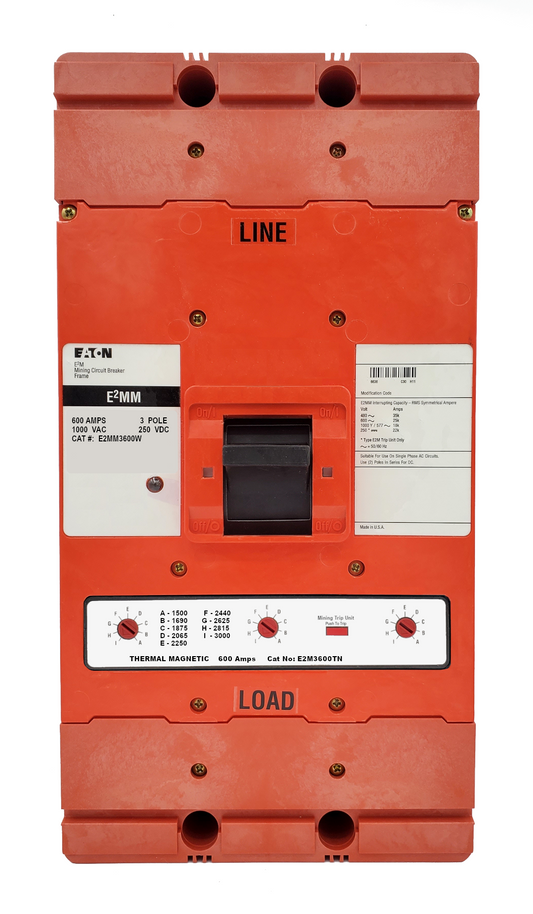 E2MM3600W E2M Frame Style, Molded Case Mining Circuit Breaker, Interchangeable Thermal-Magnetic Trip Unit, 600 Ampere at 40 Degree Celsius, 3 Pole, 1000VAC @ 50/60HZ, Without Terminals Standard. 1 Year Warranty. Hard to find customization options.