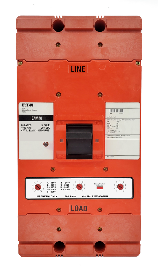 E2MM3800MNWU66 E2M Frame Style, Molded Case Mining Circuit Breaker, Interchangeable Magnetic Only Trip Unit, 800 Ampere at 40 Degree Celsius, 3 Pole, 1000VAC @ 50/60HZ, Without Terminals Standard. 1 Year Warranty.