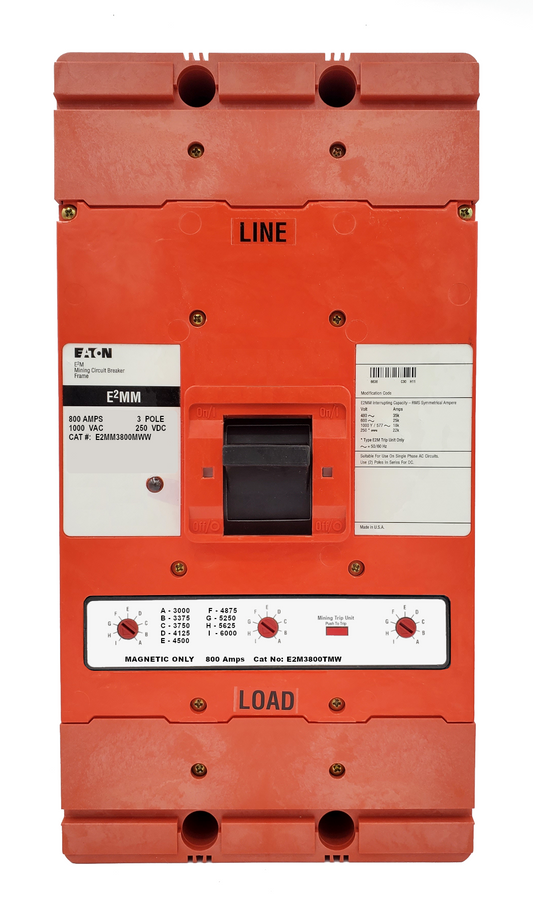 E2MM3800MWW E2M Frame Style, Molded Case Mining Circuit Breaker, Interchangeable Magnetic Only Trip Unit, 800 Ampere at 40 Degree Celsius, 3 Pole, 1000VAC @ 50/60HZ, Without Terminals Standard. 1 Year Warranty.