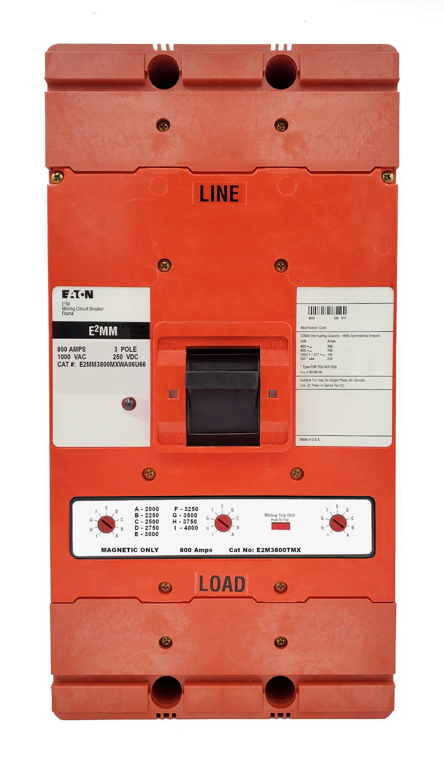 E2MM3800MXWA06U66 E2M Frame Style, Molded Case Mining Circuit Breaker, Interchangeable Magnetic Only Trip Unit, 800 Ampere at 40 Degree Celsius, 3 Pole, 1000VAC @ 50/60HZ, Without Terminals Standard. 1 Year Warranty.