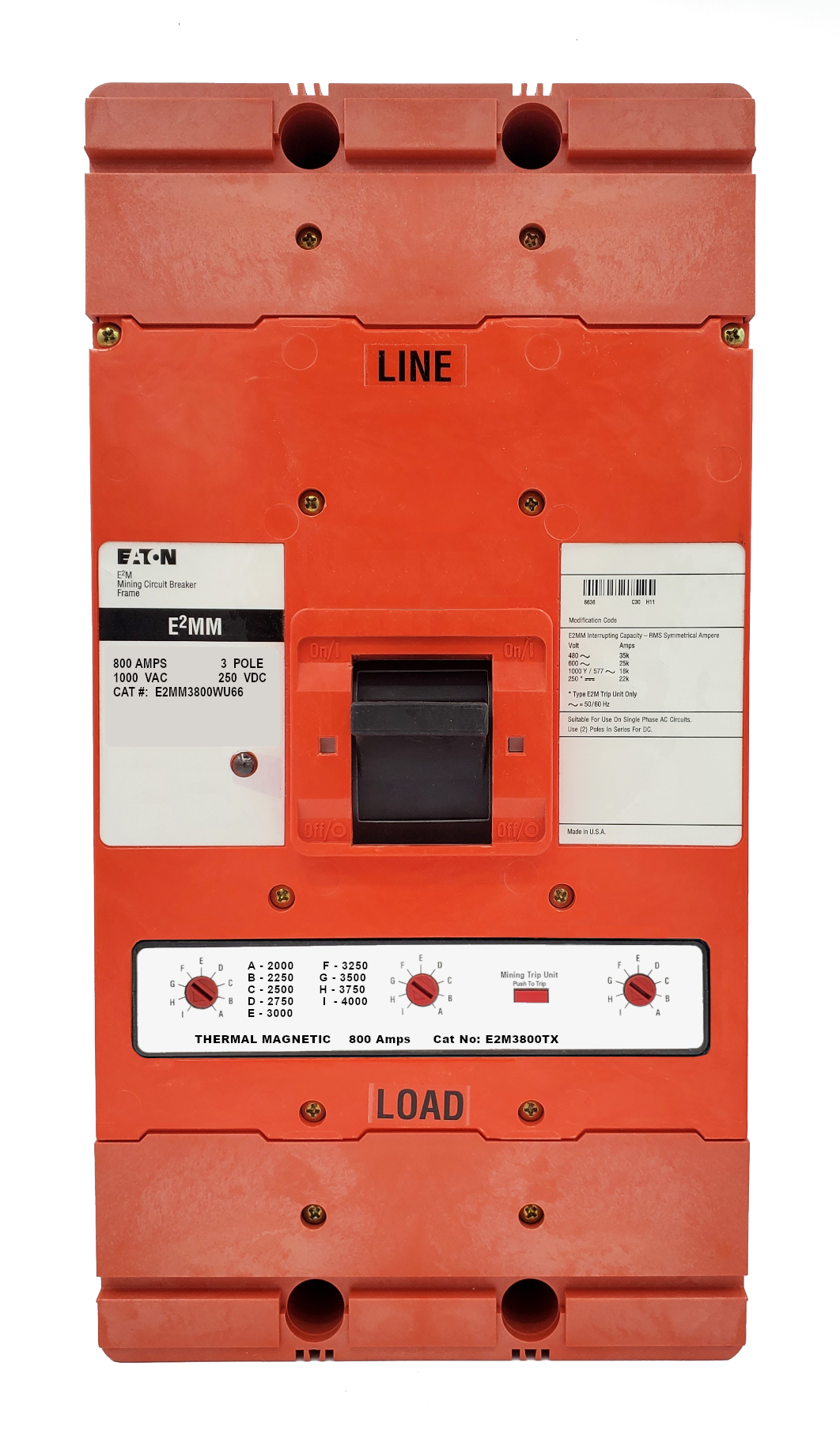E2MM3800WU66 E2M Frame Style, Molded Case Mining Circuit Breaker, Interchangeable Thermal-Magnetic Trip Unit, 800 Ampere at 40 Degree Celsius, 3 Pole, 1000VAC @ 50/60HZ, Without Terminals Standard. 1 Year Warranty.