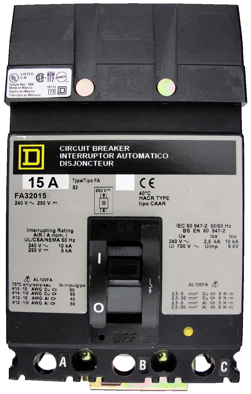 FA32015 FA (I-Line) Frame Style, Molded Case Circuit Breaker, Thermal Magnetic Non-interchangeable Trip Unit, 15 Ampere at 40 Degree Celsius, 3 Pole, Load End Terminals Standard. New Surplus and Certified Reconditioned with 1 Year Warranty.
