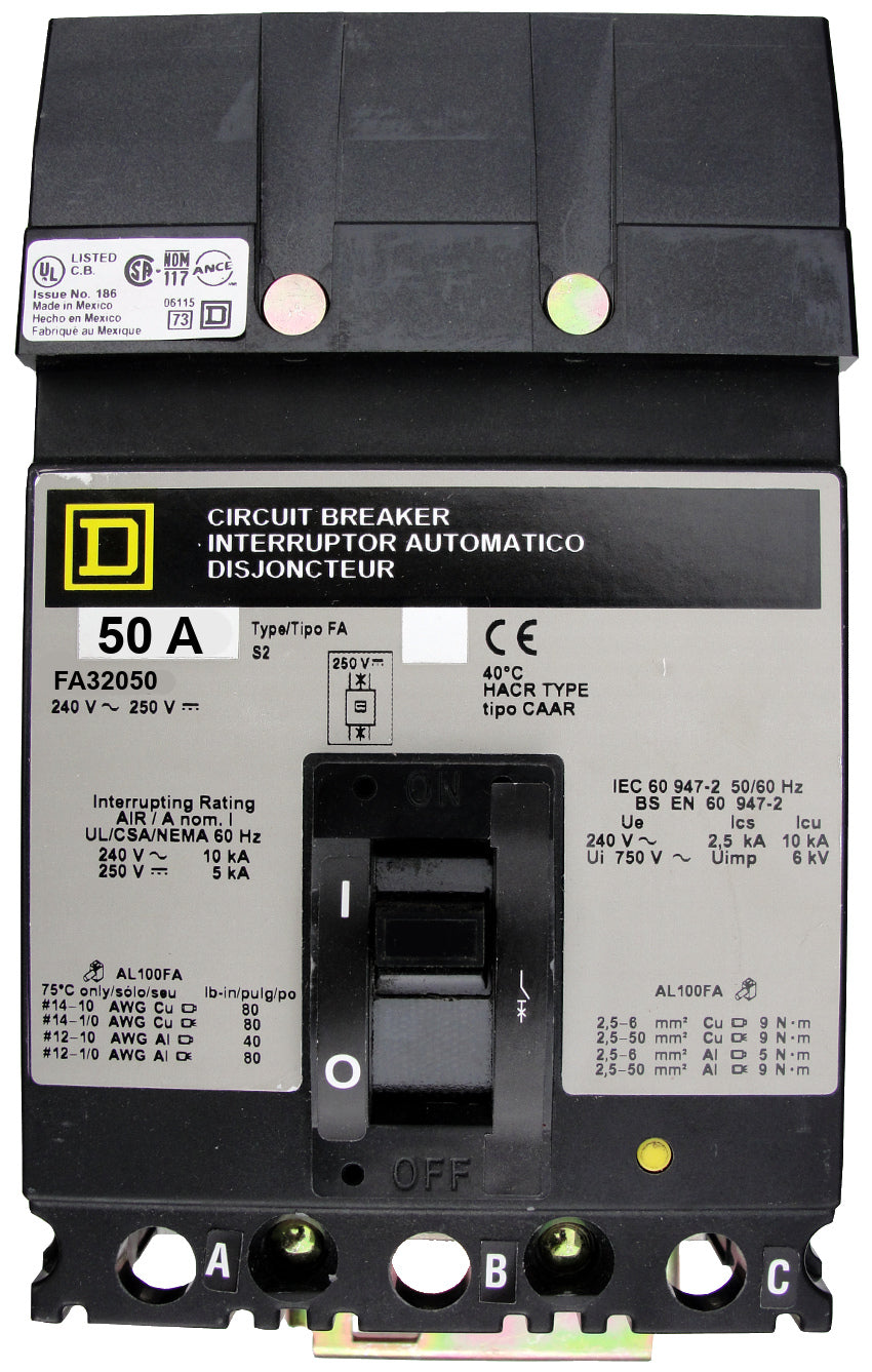 FA32050 FA (I-Line) Frame Style, Molded Case Circuit Breaker, Thermal Magnetic Non-interchangeable Trip Unit, 50 Ampere at 40 Degree Celsius, 3 Pole, Load End Terminals Standard. New Surplus and Certified Reconditioned with 1 Year Warranty.