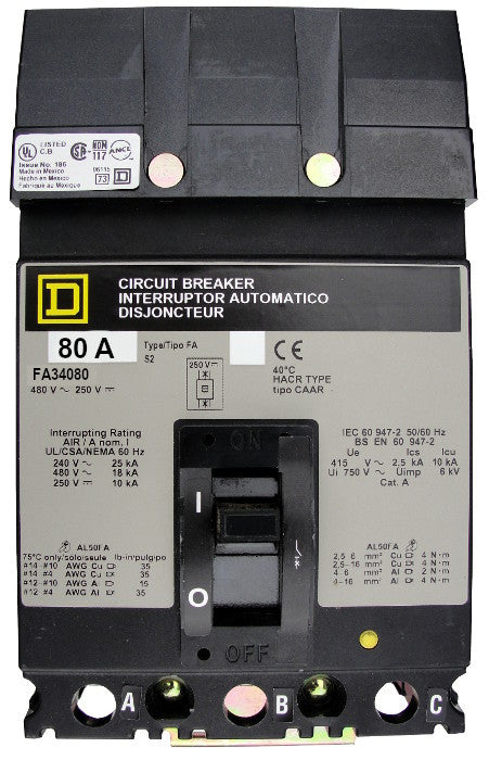 FA34080 FA (I-Line) Frame Style, Molded Case Circuit Breaker, Thermal Magnetic Non-interchangeable Trip Unit, 80 Ampere at 40 Degree Celsius, 3 Pole, Load End Terminals Standard. New Surplus and Certified Reconditioned with 1 Year Warranty.