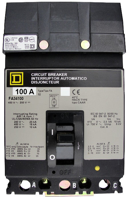 FA34100 FA (I-Line) Frame Style, Molded Case Circuit Breaker, Thermal Magnetic Non-interchangeable Trip Unit, 100 Ampere at 40 Degree Celsius, 3 Pole, Load End Terminals Standard. New Surplus and Certified Reconditioned with 1 Year Warranty.