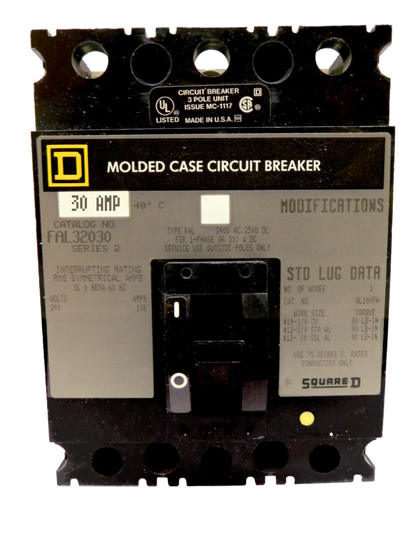 FAL32030 FAL Frame Style, Molded Case Circuit Breaker, Thermal Magnetic Non-interchangeable Trip Unit, 30 Ampere at 40 Degree Celsius, 3 Pole, Line and Load End Terminals Standard. New Surplus and Certified Reconditioned with 1 Year Warranty.