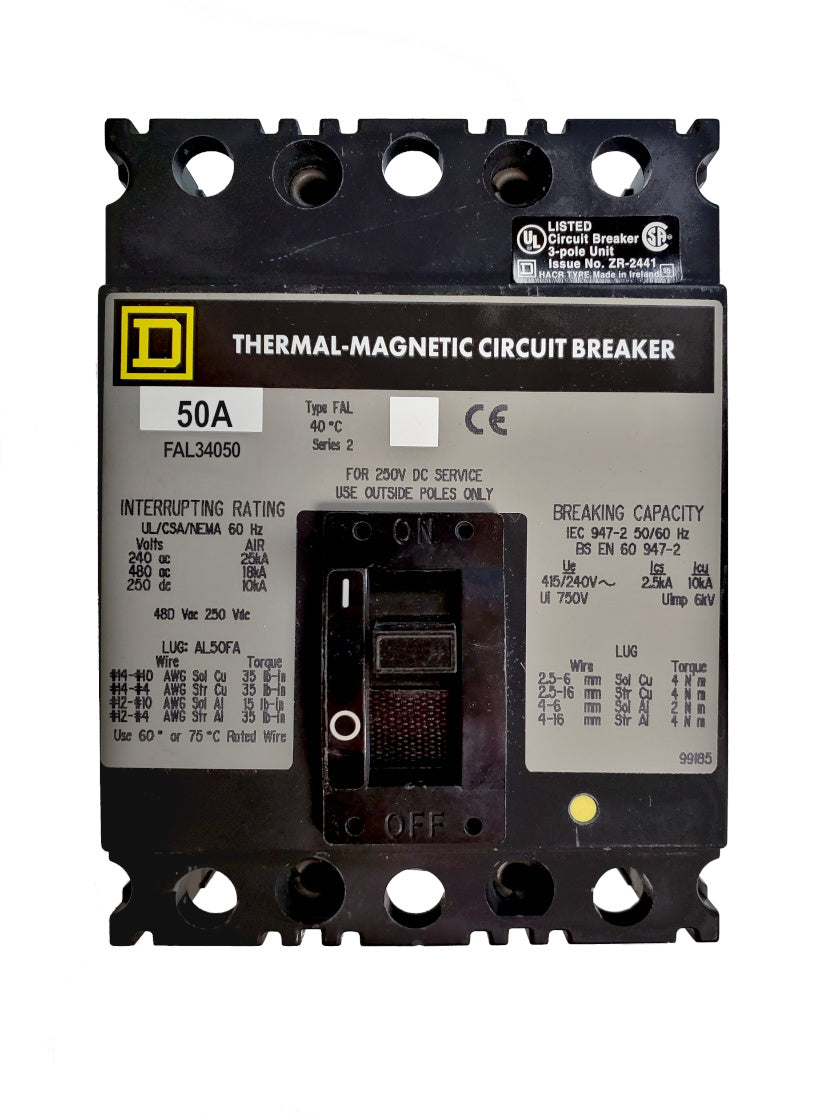 FAL34050 FAL Frame Style, Molded Case Circuit Breaker, Thermal Magnetic Non-interchangeable Trip Unit, 50 Ampere at 40 Degree Celsius, 3 Pole, Line and Load End Terminals Standard. New Surplus and Certified Reconditioned with 1 Year Warranty.