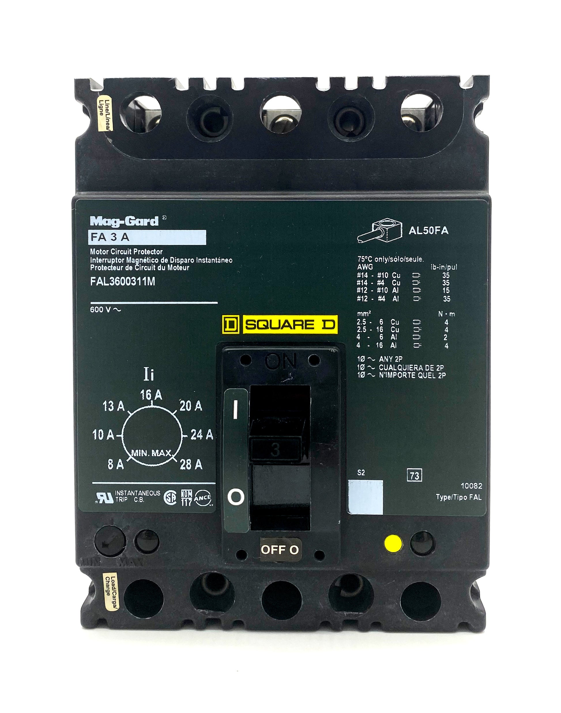 FAL3600311M FAL Frame Style, Molded Case Circuit Breaker, Magnetic Only Non-interchangeable Instantaneous Trip Unit, Motor Circuit Protection, 3 Ampere at 40 Degree Celsius, 3 Pole, Line and Load End Terminals Standard. New Surplus and Certified Reconditioned with 1 Year Warranty.