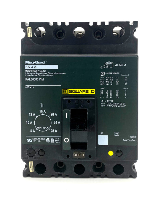 FAL3600311M FAL Frame Style, Molded Case Circuit Breaker, Magnetic Only Non-interchangeable Instantaneous Trip Unit, Motor Circuit Protection, 3 Ampere at 40 Degree Celsius, 3 Pole, Line and Load End Terminals Standard. New Surplus and Certified Reconditioned with 1 Year Warranty.