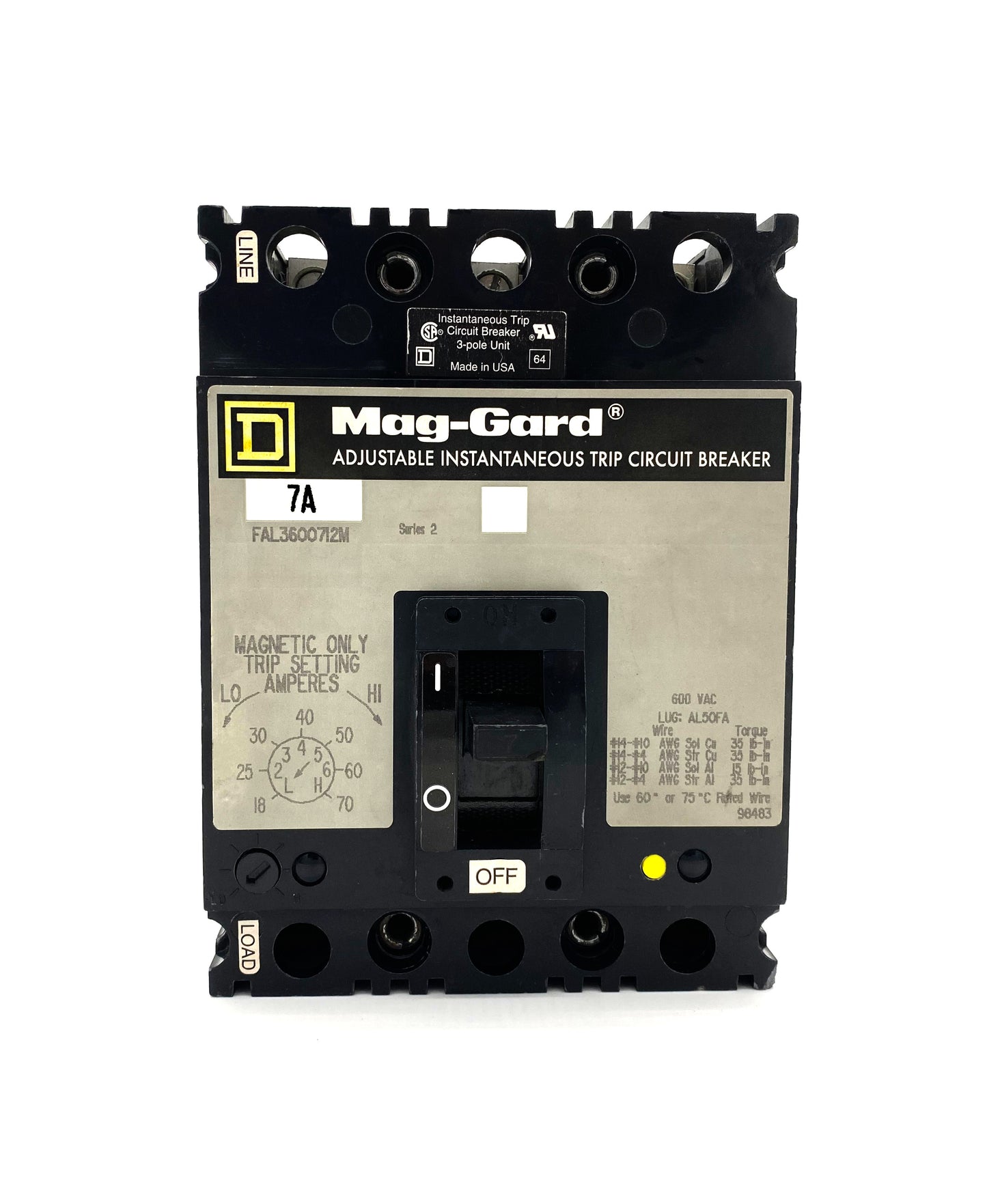 FAL3600712M FAL Frame Style, Molded Case Circuit Breaker, Magnetic Only Non-interchangeable Instantaneous Trip Unit, Motor Circuit Protection, 7 Ampere at 40 Degree Celsius, 3 Pole, Line and Load End Terminals Standard. New Surplus and Certified Reconditioned with 1 Year Warranty.