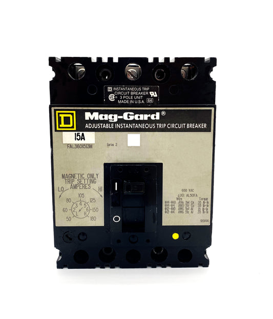 FAL3601513M FAL Frame Style, Molded Case Circuit Breaker, Magnetic Only Non-interchangeable Instantaneous Trip Unit, Motor Circuit Protection, 15 Ampere at 40 Degree Celsius, 3 Pole, Line and Load End Terminals Standard. New Surplus and Certified Reconditioned with 1 Year Warranty.