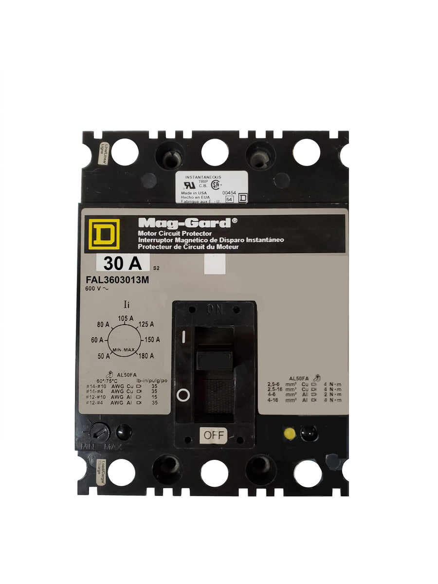 FAL3603013M FAL Frame Style, Molded Case Circuit Breaker, Magnetic Only Non-interchangeable Instantaneous Trip Unit, Motor Circuit Protection, 30 Ampere at 40 Degree Celsius, 3 Pole, Line and Load End Terminals Standard. New Surplus and Certified Reconditioned with 1 Year Warranty.