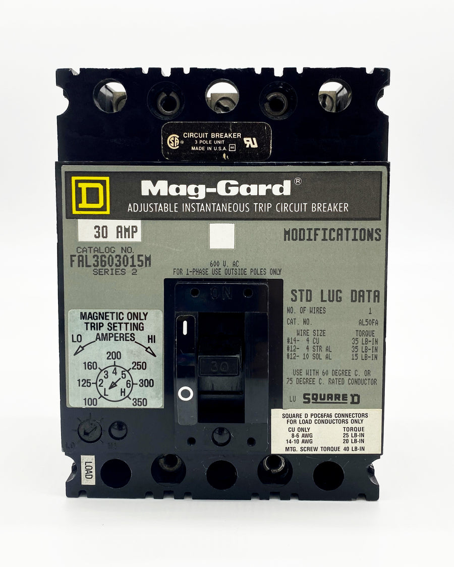 FAL3603015M FAL Frame Style, Molded Case Circuit Breaker, Magnetic Only Non-interchangeable Instantaneous Trip Unit, Motor Circuit Protection, 30 Ampere at 40 Degree Celsius, 3 Pole, Line and Load End Terminals Standard. New Surplus and Certified Reconditioned with 1 Year Warranty.