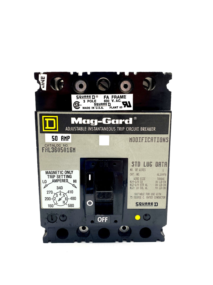 FAL3605016M FAL Frame Style, Molded Case Circuit Breaker, Magnetic Only Non-interchangeable Instantaneous Trip Unit, Motor Circuit Protection, 50 Ampere at 40 Degree Celsius, 3 Pole, Line and Load End Terminals Standard. New Surplus and Certified Reconditioned with 1 Year Warranty.