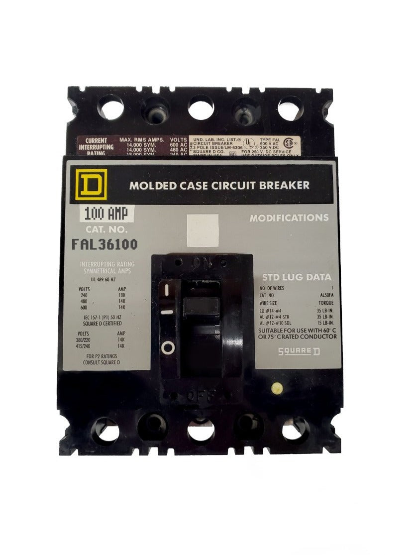 FAL36100 FAL Frame Style, Molded Case Circuit Breaker, Thermal Magnetic Non-interchangeable Trip Unit, 100 Ampere at 40 Degree Celsius, 3 Pole, Line and Load End Terminals Standard. New Surplus and Certified Reconditioned with 1 Year Warranty.